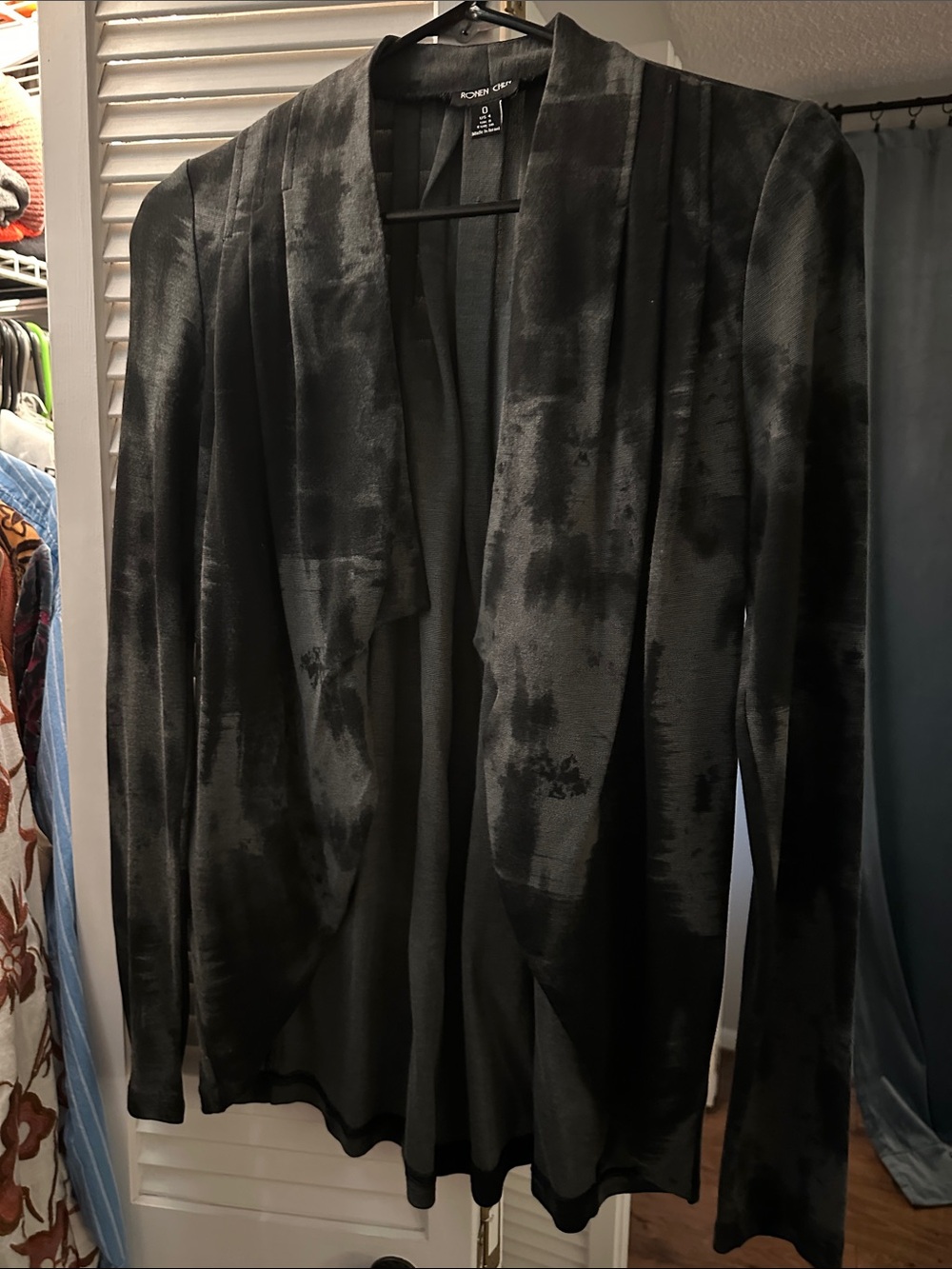 Ronen Chen Black Satin-Effect Draped Open Cardigan